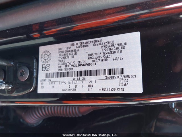 Продажа на аукционе авто 2025 Ford F-150 Xlt, vin: 1FTFW3L80SKF60331, номер лота: 12648671