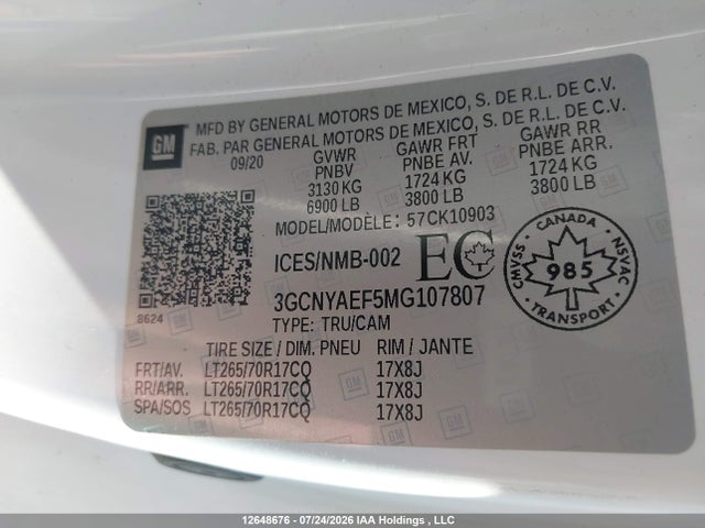 Aukcja sprzedaży 2021 Chevrolet Silverado 1500 Work Truck, vin: 3GCNYAEF5MG107807, numer aukcji: 12648676
