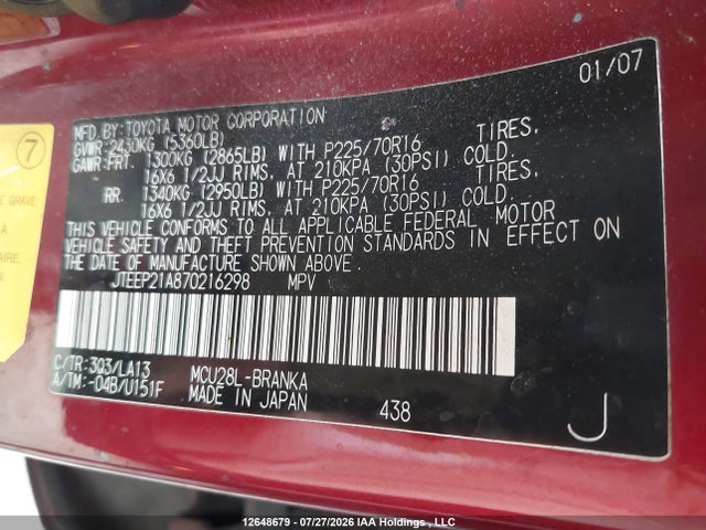 12648679 :رقم المزاد ، JTEEP21A870216298 vin ، 2007 Toyota Highlander Sport/limited مزاد بيع