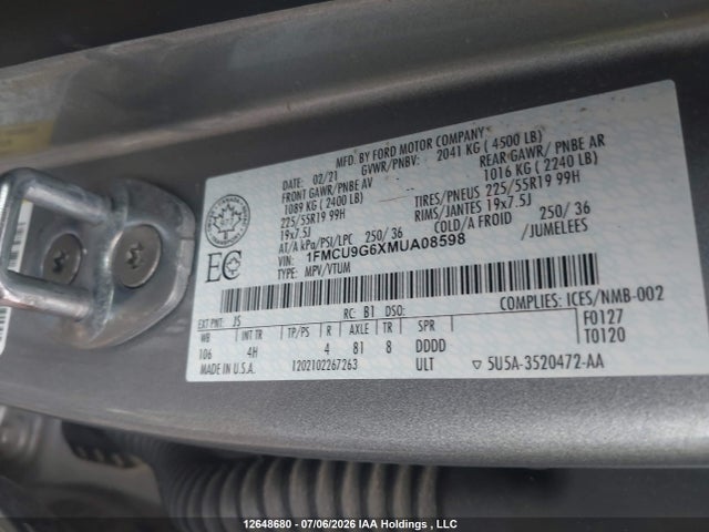 2021 Ford Escape მანქანა იყიდება აუქციონზე, vin: 1FMCU9G6XMUA08598, აუქციონის ნომერი: 12648680