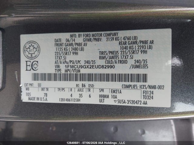 Продаж на аукціоні авто 2014 Ford Escape Se, vin: 1FMCU9GX2EUD82990, номер лоту: 12648681
