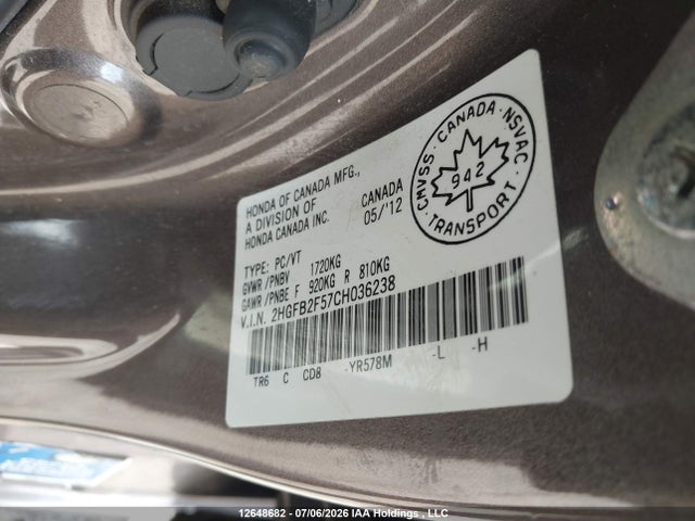 12648682 :رقم المزاد ، 2HGFB2F57CH036238 vin ، 2012 Honda Civic Ex مزاد بيع