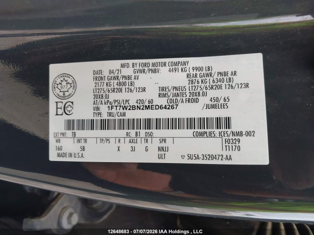 12648683 :رقم المزاد ، 1FT7W2BN2MED64267 vin ، 2021 Ford F-250 King Ranch/lariat/platinum/xl/xlt مزاد بيع