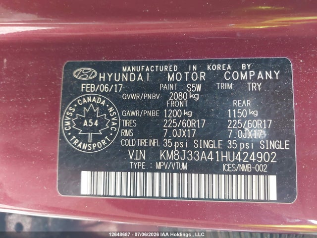 KM8J33A41HU424902 Hyundai Tucson Limited/sport And Eco/se