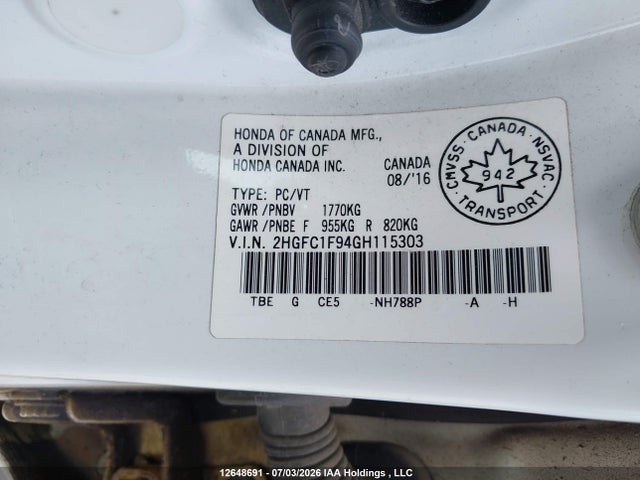 2016 Honda Civic Touring მანქანა იყიდება აუქციონზე, vin: 2HGFC1F94GH115303, აუქციონის ნომერი: 12648691