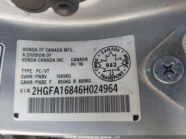 2006 Honda Civic Ex მანქანა იყიდება აუქციონზე, vin: 2HGFA16846H024964, აუქციონის ნომერი: 12648700