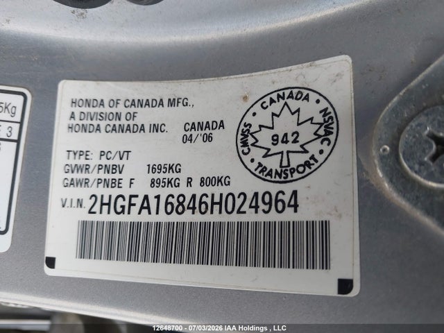 2006 Honda Civic Ex მანქანა იყიდება აუქციონზე, vin: 2HGFA16846H024964, აუქციონის ნომერი: 12648700