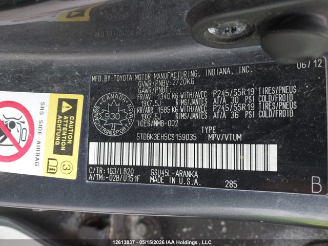 12613837 :رقم المزاد ، 5TDBK3EH5CS159035 vin ، 2012 Toyota Highlander V6 مزاد بيع