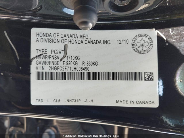 Honda CIVIC EX 2020 2HGFC2F71LH006490 Image 9