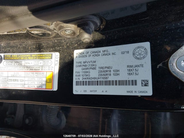 Aukcja sprzedaży 2018 Honda Cr-v Touring, vin: 2HKRW2H9XJH116587, numer aukcji: 12648709