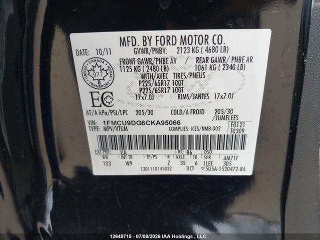 Продаж на аукціоні авто 2012 Ford Escape Xlt, vin: 1FMCU9DG6CKA95066, номер лоту: 12648715