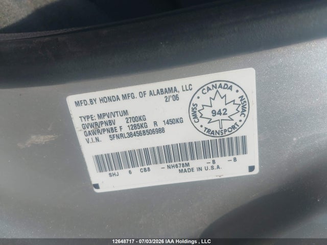 Продаж на аукціоні авто 2006 Honda Odyssey, vin: 5FNRL38456B506988, номер лоту: 12648717