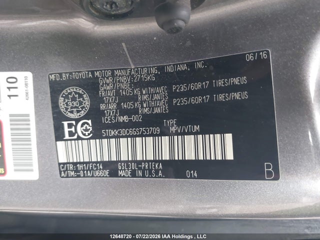 12648720 :رقم المزاد ، 5TDKK3DC6GS753709 vin ، 2016 Toyota Sienna Le V6 مزاد بيع