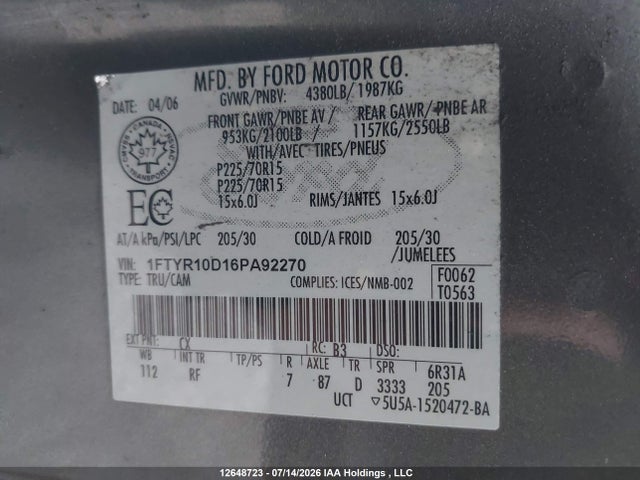 12648723 :رقم المزاد ، 1FTYR10D16PA92270 vin ، 2006 Ford Ranger مزاد بيع