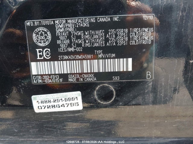Продаж на аукціоні авто 2011 Toyota Rav4 Sport V6, vin: 2T3RK4DV3BW045981, номер лоту: 12648725