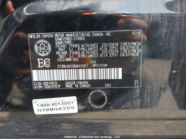 Продаж на аукціоні авто 2011 Toyota Rav4 Sport V6, vin: 2T3RK4DV3BW045981, номер лоту: 12648725