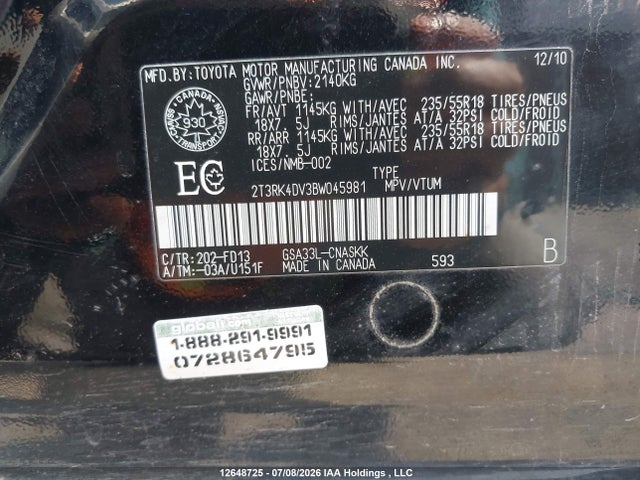 Продаж на аукціоні авто 2011 Toyota Rav4 Sport V6, vin: 2T3RK4DV3BW045981, номер лоту: 12648725