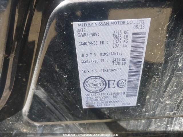 5N1AR2MM1EC616648 Nissan Pathfinder Platinum/s/sl/sv