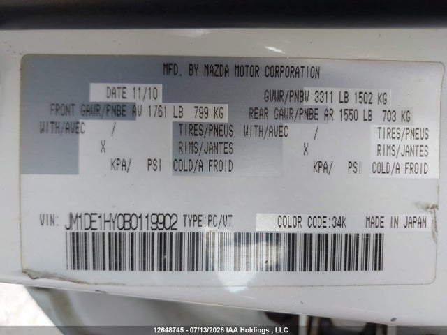 12648745 :رقم المزاد ، JM1DE1HY0B0119902 vin ، 2011 Mazda Mazda2 مزاد بيع