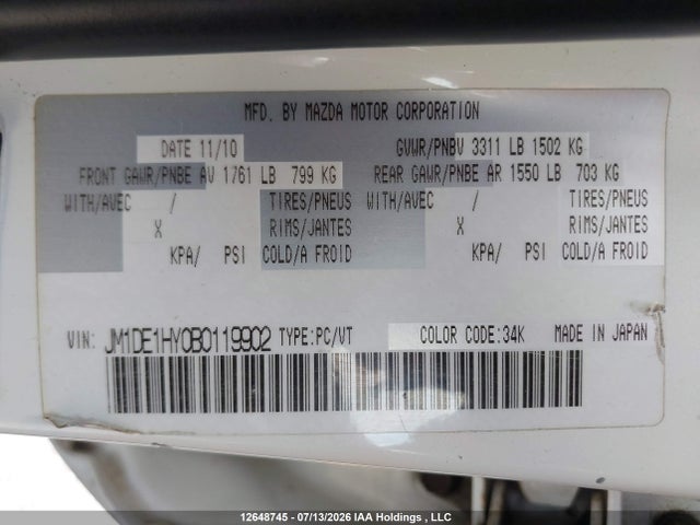 12648745 :رقم المزاد ، JM1DE1HY0B0119902 vin ، 2011 Mazda Mazda2 مزاد بيع