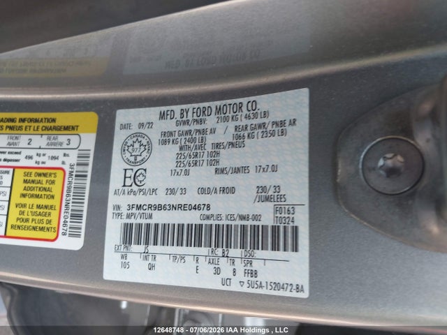 2022 Ford Bronco Sport Big Bend მანქანა იყიდება აუქციონზე, vin: 3FMCR9B63NRE04678, აუქციონის ნომერი: 12648748