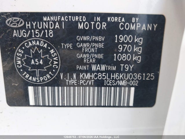 12648753 :رقم المزاد ، KMHC85LH6KU036125 vin ، 2019 Hyundai Ioniq مزاد بيع