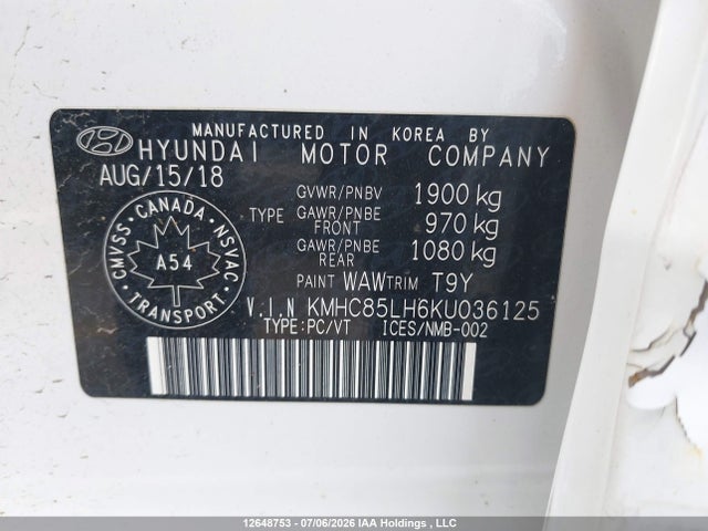 12648753 :رقم المزاد ، KMHC85LH6KU036125 vin ، 2019 Hyundai Ioniq مزاد بيع