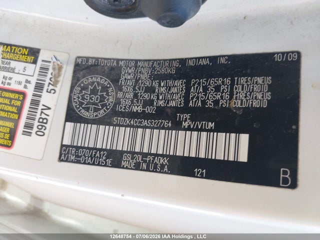 2010 Toyota Sienna Ce მანქანა იყიდება აუქციონზე, vin: 5TDZK4CC3AS327764, აუქციონის ნომერი: 12648754