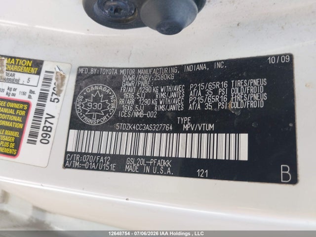 2010 Toyota Sienna Ce მანქანა იყიდება აუქციონზე, vin: 5TDZK4CC3AS327764, აუქციონის ნომერი: 12648754
