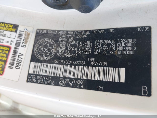 2010 Toyota Sienna Ce მანქანა იყიდება აუქციონზე, vin: 5TDZK4CC3AS327764, აუქციონის ნომერი: 12648754