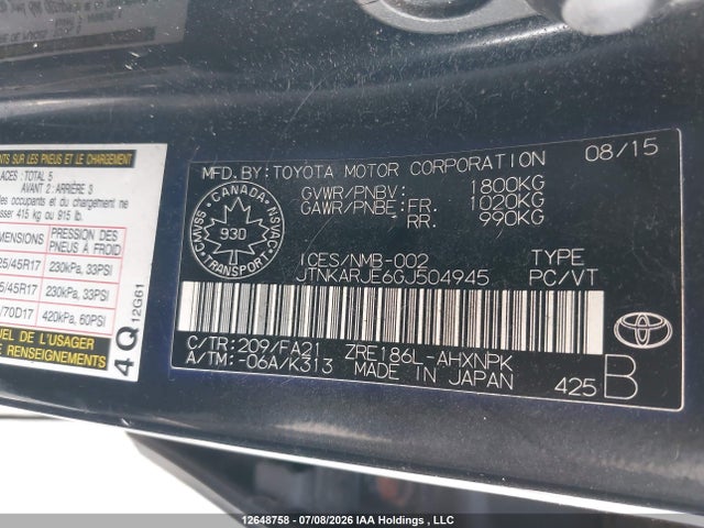 2016 Toyota Scion Im მანქანა იყიდება აუქციონზე, vin: JTNKARJE6GJ504945, აუქციონის ნომერი: 12648758