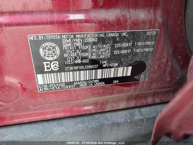 Продаж на аукціоні авто 2020 Toyota Rav4 Xle/xle Premium, vin: 2T3R1RFVXLC096037, номер лоту: 12648763
