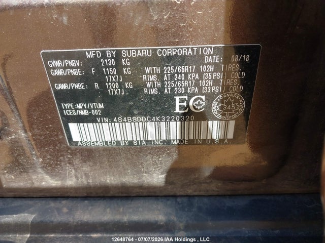 Subaru Outback 2.5i Touring 2019 4S4BSDDC4K3220320 Image 18
