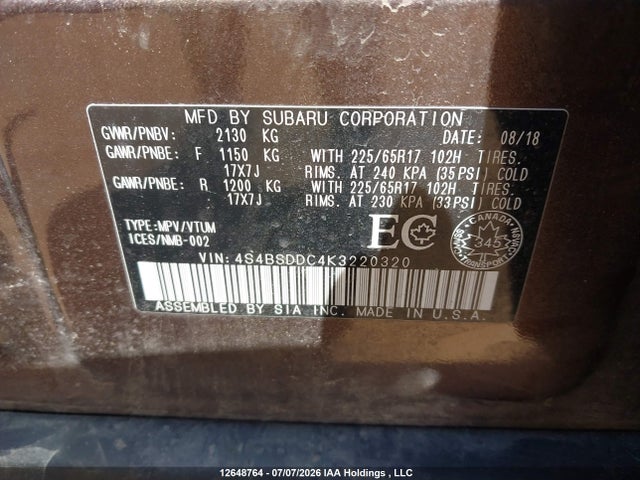 Subaru Outback 2.5i Touring 2019 4S4BSDDC4K3220320 Image 9