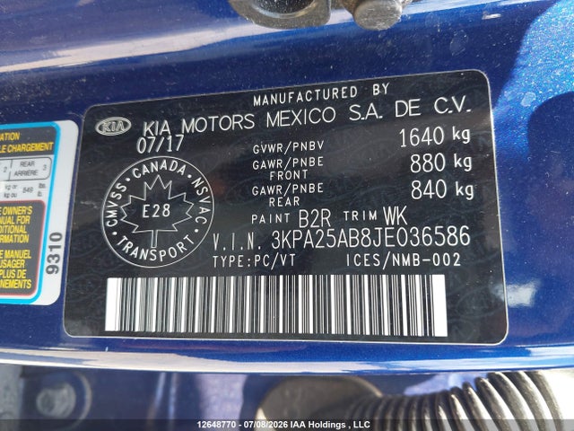 12648770 :رقم المزاد ، 3KPA25AB8JE036586 vin ، 2018 Kia Rio Lx/s مزاد بيع