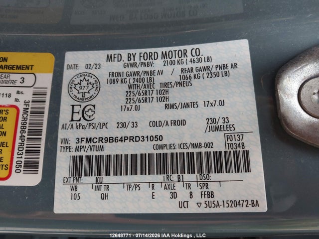 12648771 :رقم المزاد ، 3FMCR9B64PRD31050 vin ، 2023 Ford Bronco Sport Big Bend مزاد بيع