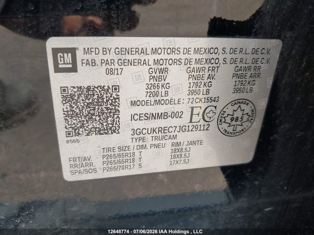 3GCUKREC7JG129112 Chevrolet Silverado 1500 2lt