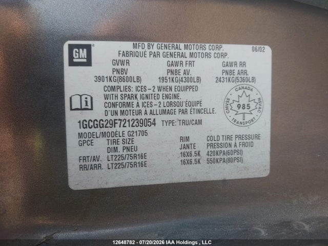 Aukcja sprzedaży 2002 Chevrolet Express Standard, vin: 1GCGG29F721239054, numer aukcji: 12648782