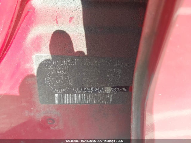 Aukcja sprzedaży 2020 Hyundai Elantra Sel/value/limited, vin: KMHD84LF1LU043708, numer aukcji: 12648786