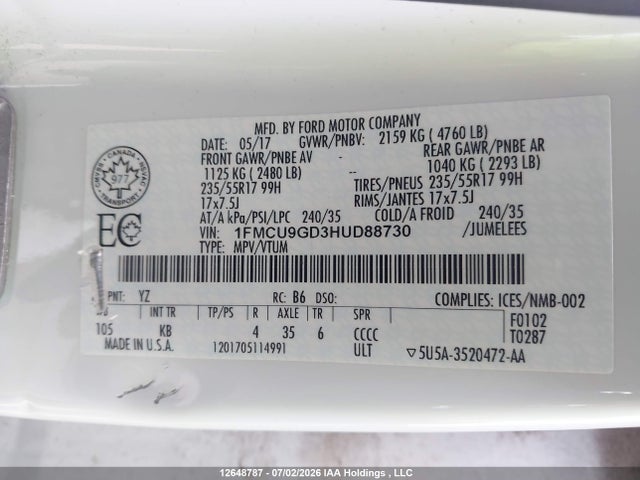 Ford ESCAPE SE 2017 1FMCU9GD3HUD88730 Image 9