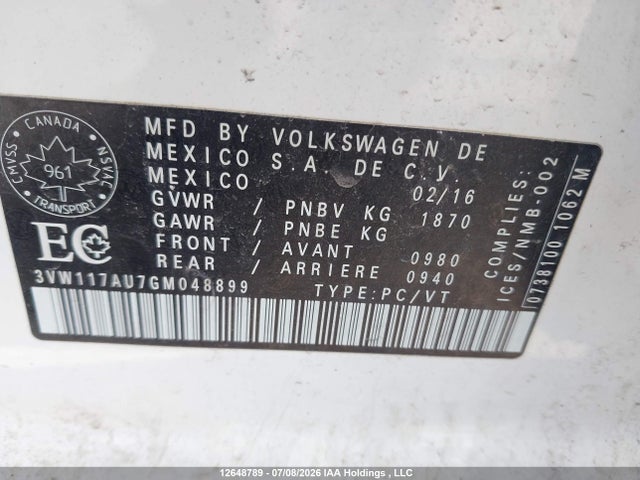 3VW117AU7GM048899 Volkswagen GOLF S