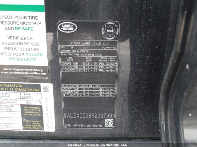 2024 Land Rover Defender 110 მანქანა იყიდება აუქციონზე, vin: SALEXEEU8R2307999, აუქციონის ნომერი: 12648802