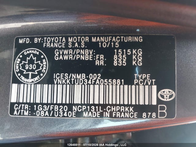 2015 Toyota Yaris Le მანქანა იყიდება აუქციონზე, vin: VNKKTUD34FA055881, აუქციონის ნომერი: 12648811