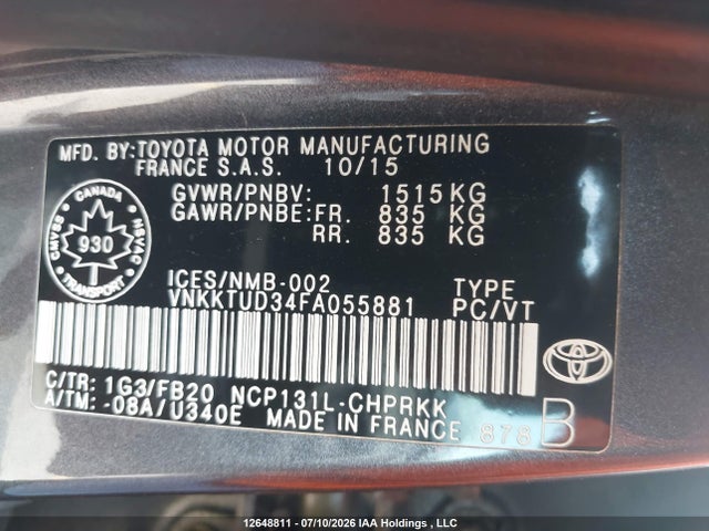 2015 Toyota Yaris Le მანქანა იყიდება აუქციონზე, vin: VNKKTUD34FA055881, აუქციონის ნომერი: 12648811
