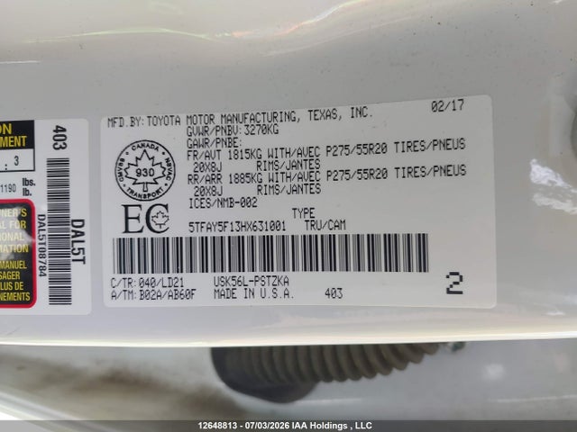 Продаж на аукціоні авто 2017 Toyota Tundra Crewmax 1794/platinum, vin: 5TFAY5F13HX631001, номер лоту: 12648813