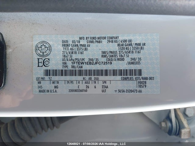 2018 Ford F150 მანქანა იყიდება აუქციონზე, vin: 1FTEW1EB2JFC72519, აუქციონის ნომერი: 12648821