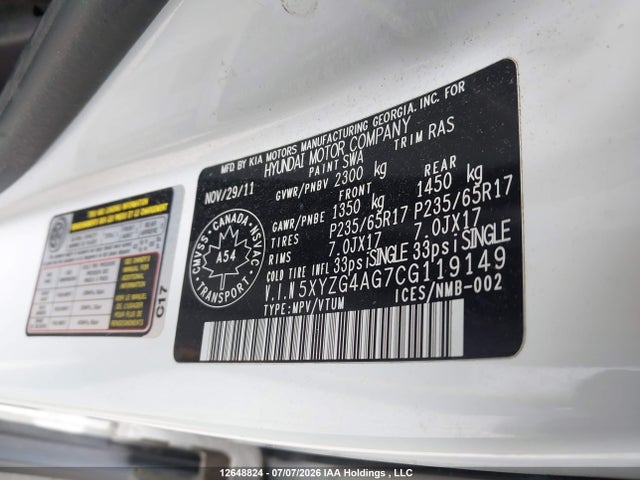 Продажа на аукционе авто 2012 Hyundai Santa Fe Gls, vin: 5XYZG4AG7CG119149, номер лота: 12648824
