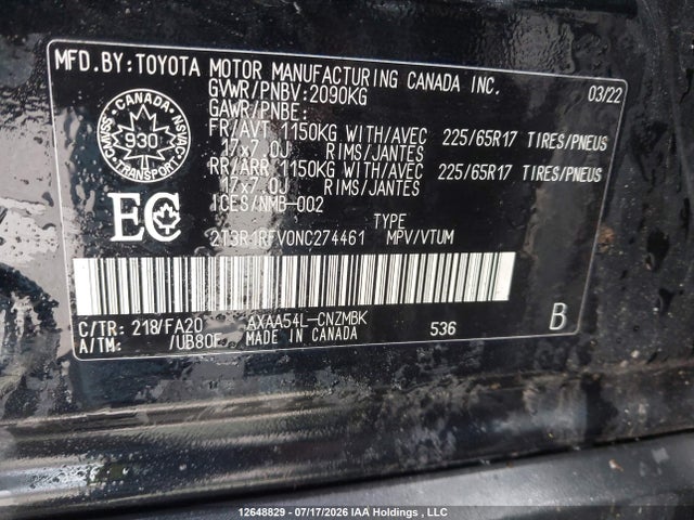 2022 Toyota Rav4 Xle მანქანა იყიდება აუქციონზე, vin: 2T3R1RFV0NC274461, აუქციონის ნომერი: 12648829