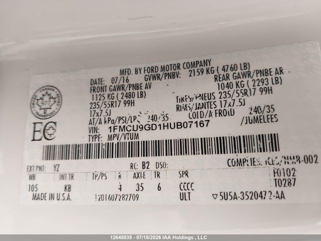 12648835 :رقم المزاد ، 1FMCU9GD1HUB07167 vin ، 2017 Ford Escape مزاد بيع