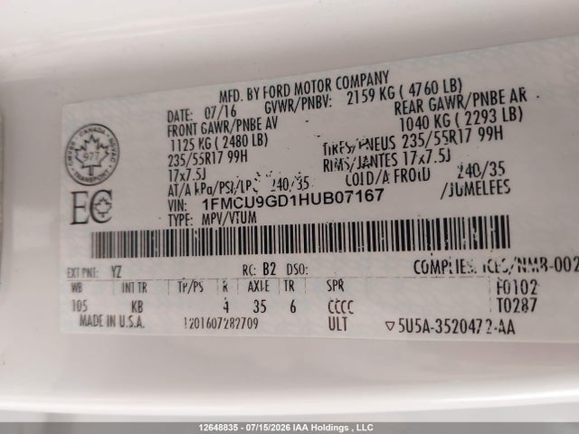 12648835 :رقم المزاد ، 1FMCU9GD1HUB07167 vin ، 2017 Ford Escape مزاد بيع